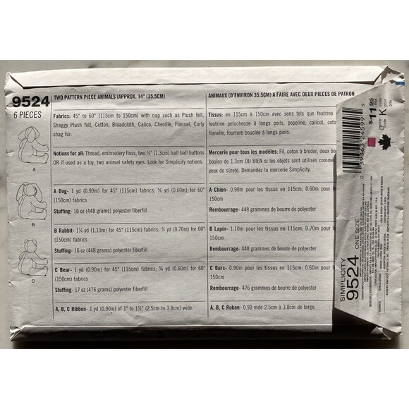 OOP Simplicity 9524 Elaine Heigl 2 Piece Pattern 14 in Stuffed Dog Rabbit Bear - Picture 3 of 5